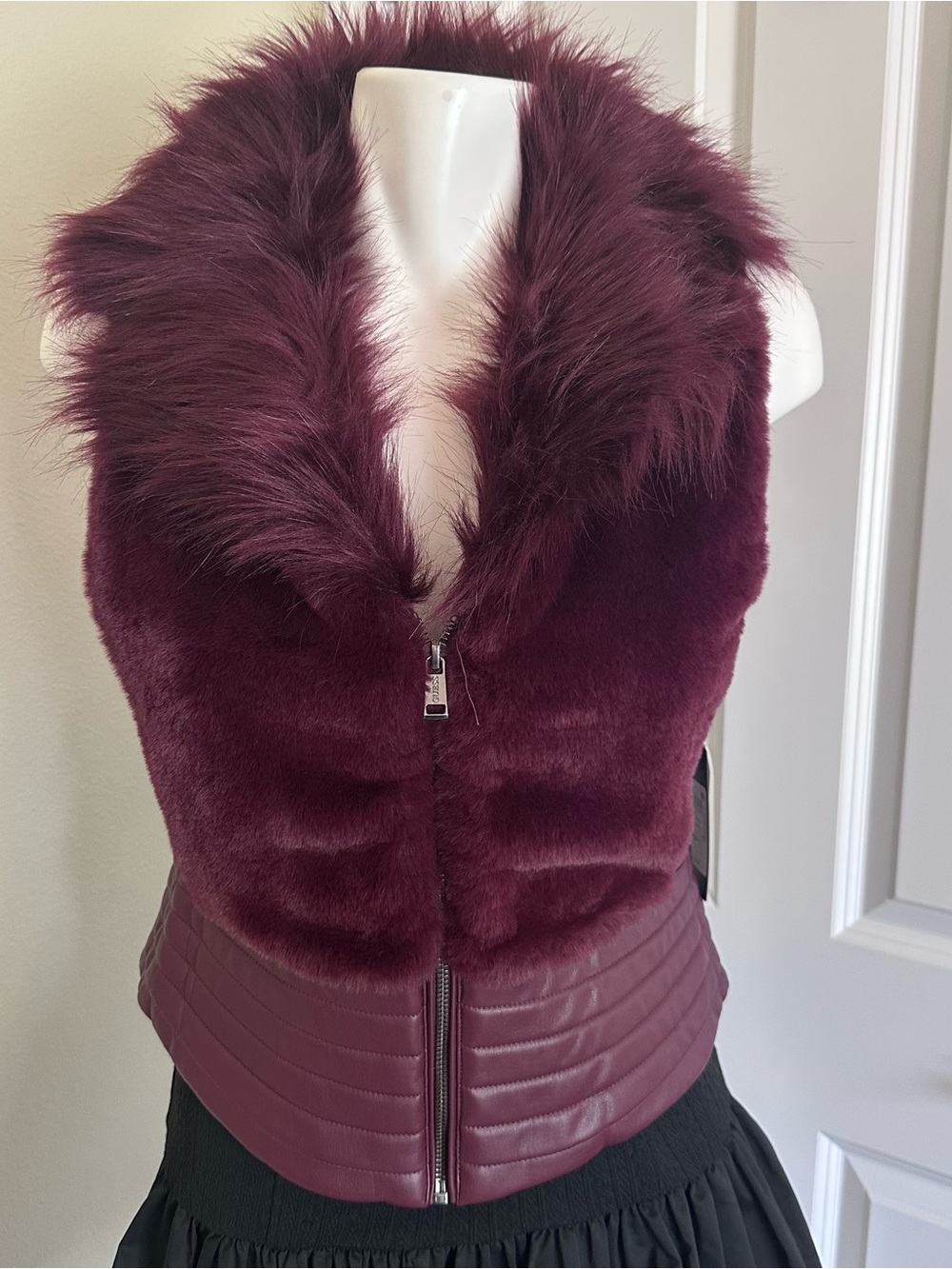 Guess Burgundy Faux Fur & Quilted Vest